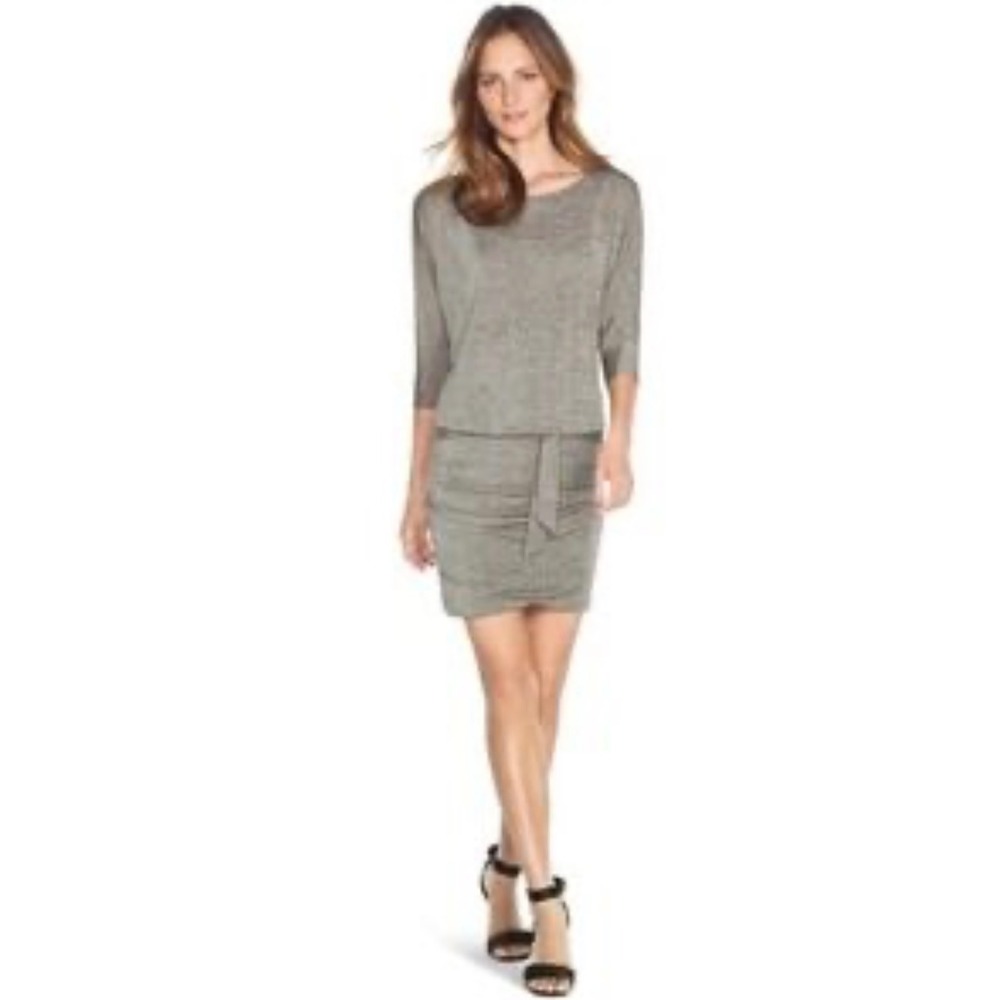 White House Black Market Petites Grey Heathered Dolman Sleeve Ruched Dress SP